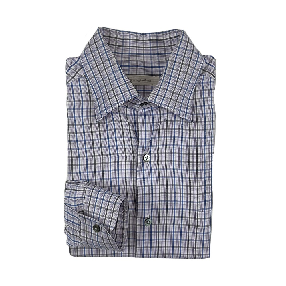 Ermenegildo Zegna Lavender Blue Checked Mens Button Front Shirt Size L